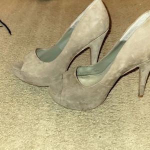 Beige suede peep toe heels